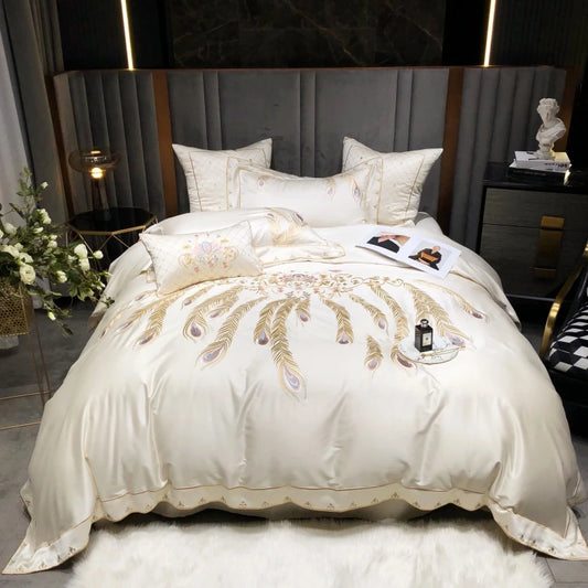 Feather Embroidery 1400 Thread Count Egyptian Cotton Duvet Set